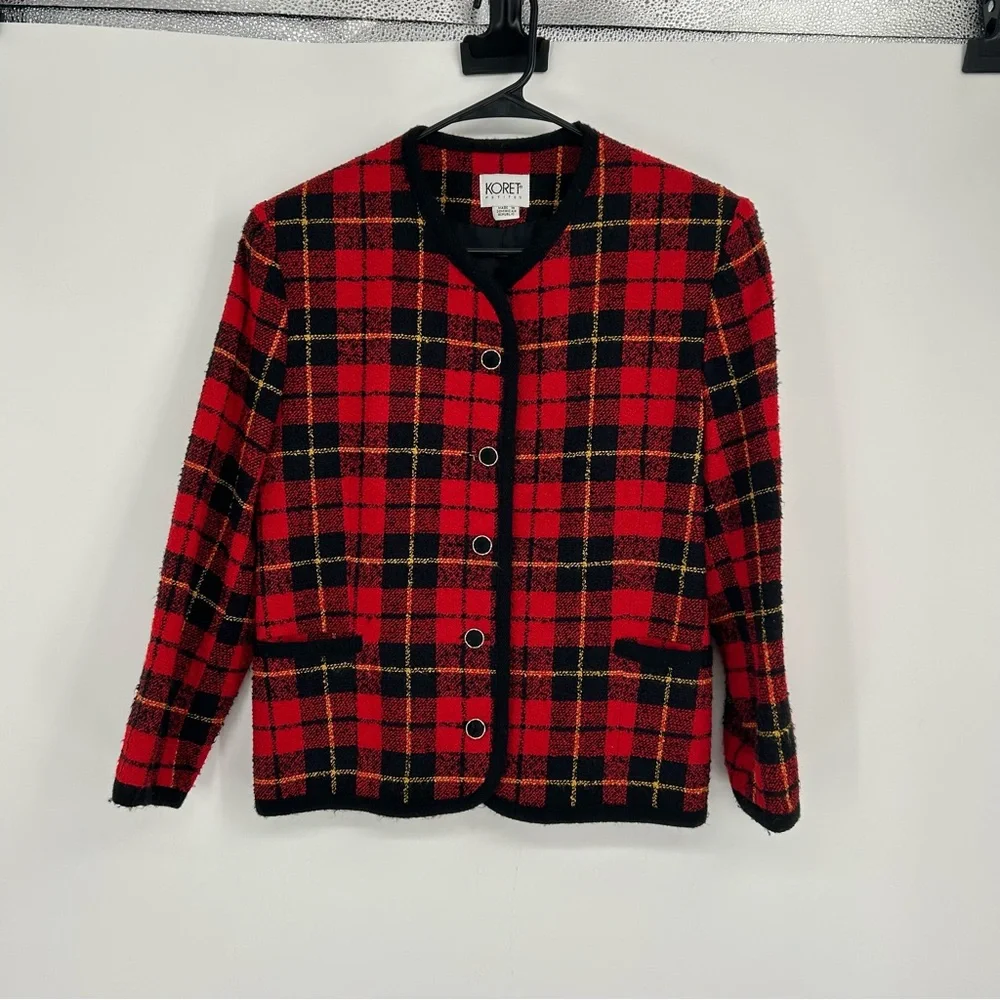 Vintage Koret Red Plaid Collarless‎ Blazer Jacket Wool Blend Size 8P